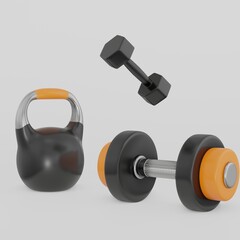 Fitness Online. Workout banner concept with 3d realistic dumbbells isolated on white background. 3d render illustration