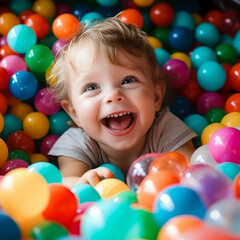 Fototapeta na wymiar Giggles and Glee: Toddler's Playtime Paradise in a Cascade of Colorful Delight