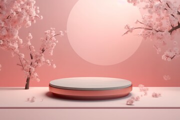 Obraz na płótnie Canvas Cherry blossoms and round podium for product presentation. 3D rendering