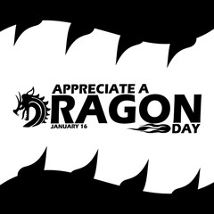 Appreciate a Dragon Day event banner. The dragon symbol is in the shape of the letter D with bold text on white background to celebrate on January 16th