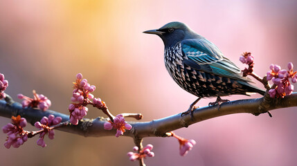 In early spring, a starling sings on a tree branch.