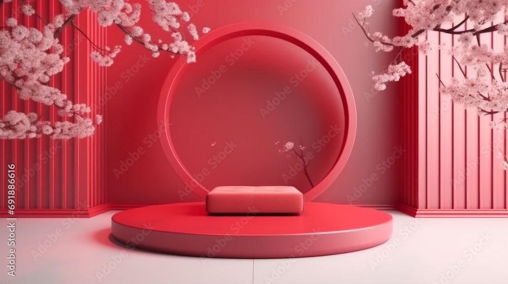 Wall mural 3d rendering of minimal product display podium with cherry blossom background.