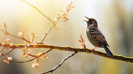 In early spring, a starling sings on a tree branch.