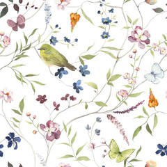 Green bird (japanese white-eye ume) and colored butterflies on floral branches abstrac tree, seamless pattern, watercolor isolated illustration for textile, wallpapers or floral background.