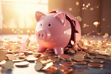 Kids pink piggy broken moneybox with nice sunlight, savings for future. Generative Ai.