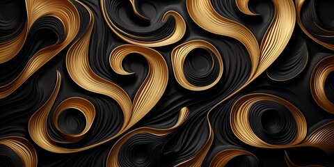 Curly gold patterns on a black background, abstract background with embossed texture.