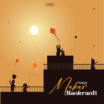Vector illustration Makar Sankranti kite flying in nighttime banner template