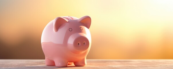 Kids pink piggy bank moneybox with nice sunlight, savings for future panorama. Generative Ai.