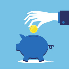 Throwing a coin into a piggy bank with coins. Vector illustration