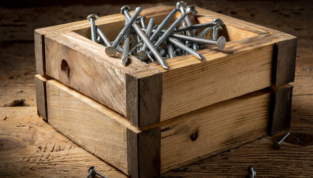 Wooden box with steel nails