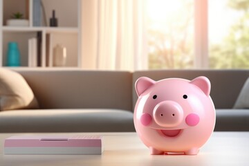 Kids pink piggy bank moneybox with nice sunlight, savings for future. Generative Ai.