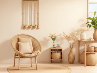 Empty beige wall mockup room interior with wicker armchair and vase. Natural daylight from a window. Promotion background design.
