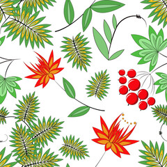 Fototapeta na wymiar Fantasy flowers and red viburnum on white background, seamless pattern