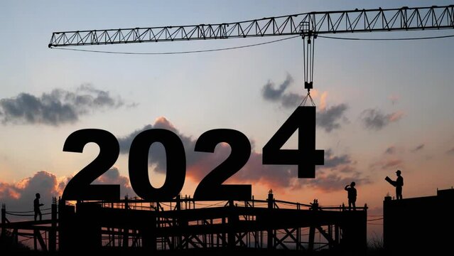 crane lifting number 4 come down to 2024 , prepare for welcome start of beginning new year 2024 with silhouette construction site and worker staff team cooperate together , sunrise sky at background