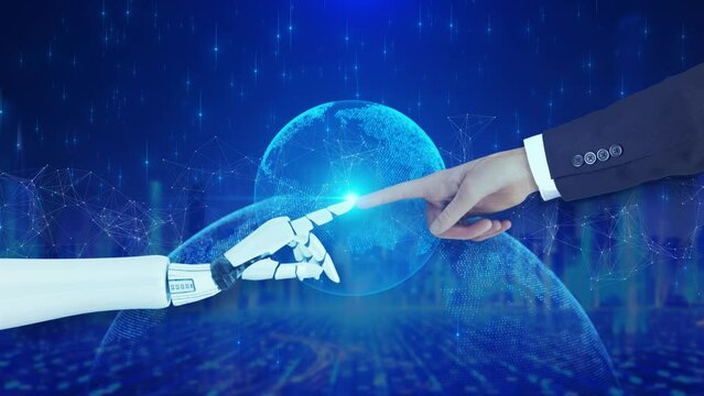 AI artificial intelligence Hands of robot and human touching process automation. RPA digital transformation, cyber security cloud technology. futuristic computer innovation automation background