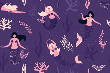 Cute seamless pattern with mermaid women and coral, seaweed. Cartoon vector illustration isolated on dark background. Design for factory, textiles, packaging paper.