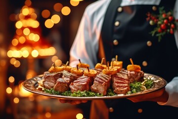 The waiter is holding a plate with grilled meat on the background of the Christmas tree.