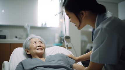 Obraz premium Smiling Asian Middle Eastern young woman nurse taking care of her elderly female patient for perfect healthcare services in nursing home