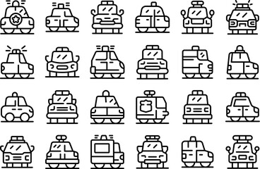 Police vehicles icons set outline vector. Car work call. Safety public