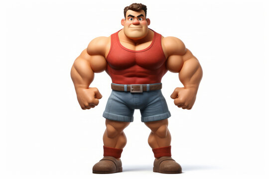 3D cartoon character of a bodybuilder isolated on a white background