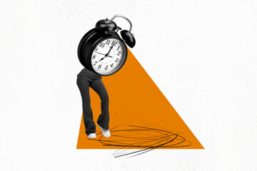 Creative drawing collage picture of funny female clock instead head time management promo weird...