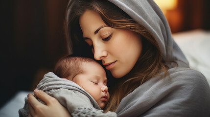 Portrait pretty woman holding a newborn baby , Loving mom carying of her newborn baby in her arms