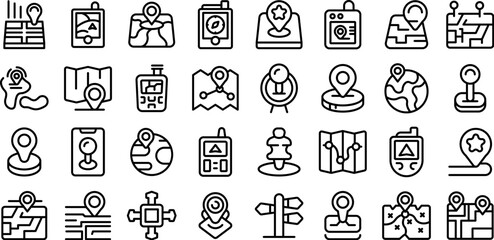 Geocaching icons set outline vector. Travel city map. Road people network - obrazy, fototapety, plakaty