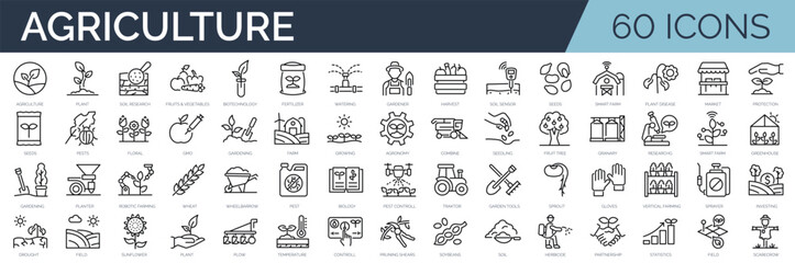 Set of 60 outline icons related to agriculture. Linear icon collection. Editable stroke. Vector illustration