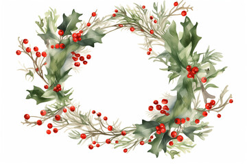 Handmade diy holly wreath clip art, in the style of delicate watercolor, angular composition, freehand painting, ethereal foliage, instax, shaped canvas