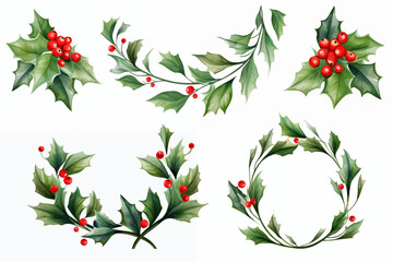 Handmade diy holly wreath clip art, in the style of delicate watercolor, angular composition, freehand painting, ethereal foliage, instax, shaped canvas