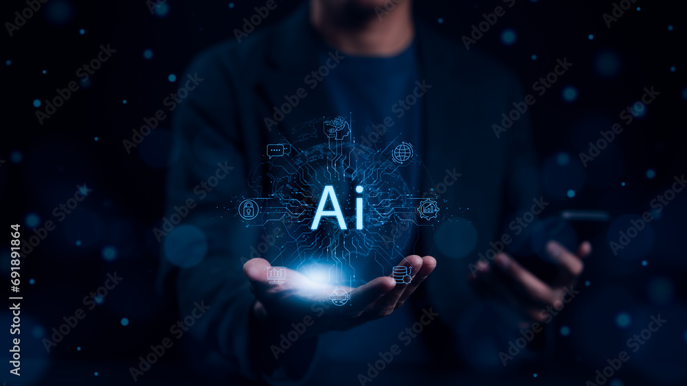 Poster ai, the concept of artificial intelligence use analytics, automation, and an autonomous brain. big d