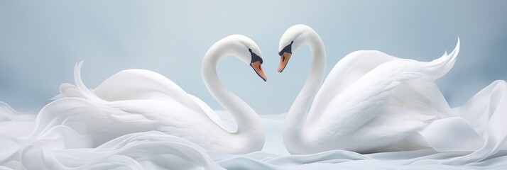 A duo of graceful swan sculptures creating a heart silhouette against gently folded silk cloth - obrazy, fototapety, plakaty