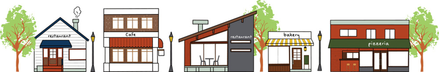 おしゃれなお店が並ぶ街並みのイラスト（カラー）