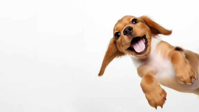 Red little puppy on white background, banner with space for your text