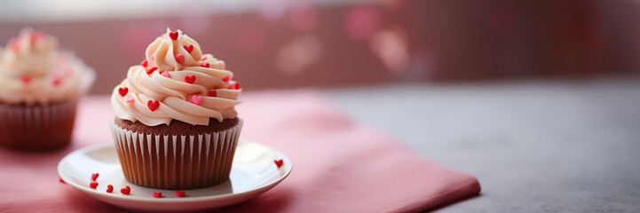 A dainty cupcake topped with a heart shape decoration on a plain, solid hued plate