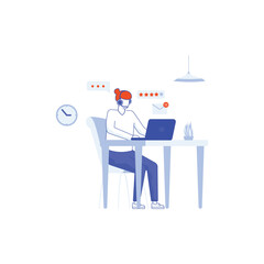 Fototapeta premium Contact us landing page. Man with headphones and microphone with computer. Concept illustration for support, assistance, call center, Business communication. Telephone symbol.