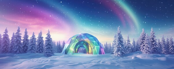 Igloo ice hotel with aurora borealis during magic winter, panorama. Generative Ai.