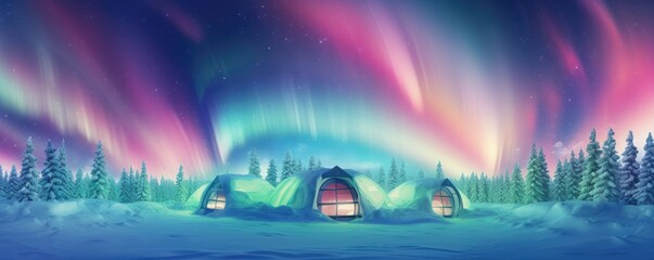 Igloo ice hotel with aurora borealis during magic winter night, panorama.  Generative Ai.