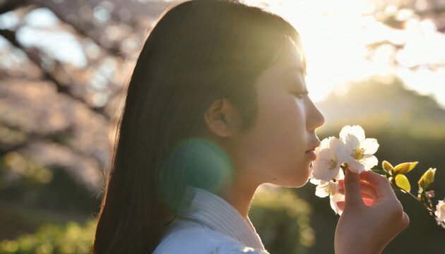 Graceful Japanese Woman Sniffing White Flowers