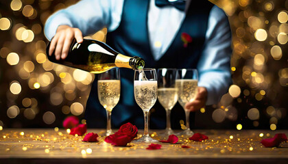 Kelner nalewa szampana z butelki do kieliszków stojących na drewnianym stole - obrazy, fototapety, plakaty