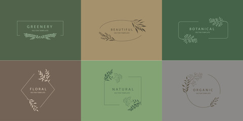 Elegant fashionable botanical logos for cosmetics, beauty, wedding, eco design. Vector set.