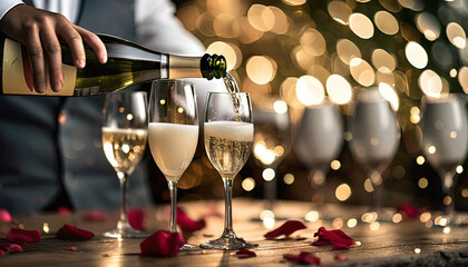 Kelner nalewa szampana z butelki do kieliszków stojących na drewnianym stole - obrazy, fototapety, plakaty