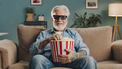 Grandpa on the couch wearing 3D glasses and holding a bucket of popcorn. Movie night.