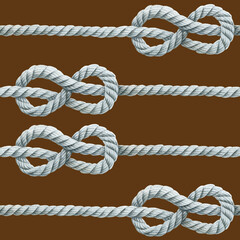 Seamless pattern of white watercolor knotted ropes realistic cords eight knots. Nautical thread whipcord with loops and noose on brown background. Hand drawn illustration. Hand drawn illustration.