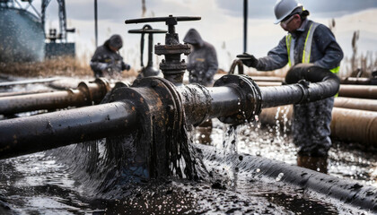 Emergency repair on a large oil pipeline. - obrazy, fototapety, plakaty