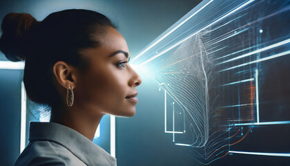 Portrait of a woman in scanner rays. Biometric data concept.