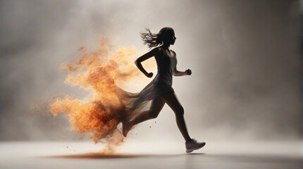 Embracing the flames, a fearless journey of a woman running through fire in grey background with smoke