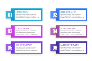 Six business infographic design elements with numbers and text, process, workflow template, vector eps10 illustration