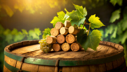 Closeup of a group of wine corks in the shape of a bunch of grapes with green vine leaves, on an old wooden wine barrel with copy space. In the background a vineyard at sunset or sunrise. - obrazy, fototapety, plakaty