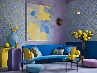 Colorful luxury home interior dining lighting and sunny modern furniture,beautiful house sofa and poster minimalist modern,living room interior interior design,japandi style.scandinavian apartment.
